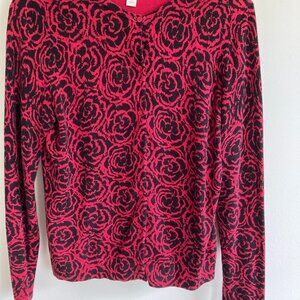 Liz Claibourne100% cotton sweater, size medium, black on red floral design